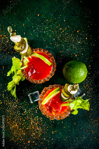Spicy bloody mary cocktail with garnish . Homemade texmex styled alcohol drink,