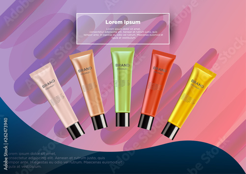 Realistic luxury set glamorous cosmetic creme bottle  in gold pink, green, yellow, red, orange pearly color Isolated on abstract background.  Ads template. EPS 10.