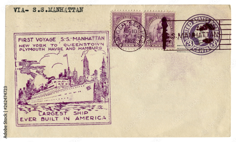 The United states of America  - 10 Aug 1932: US historical envelope: cover with cachet first voyage S.S.  Manhattan and thee postage stamp 10th Olympiad Los Angeles,  George Washington, postal cancell