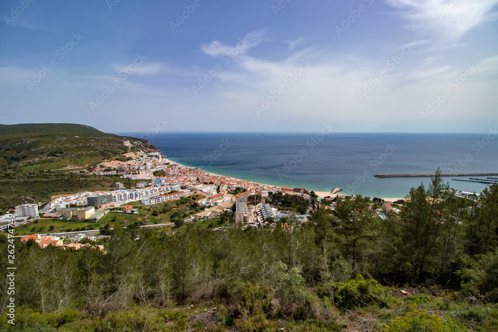aerial view of Sesimbra village with blue sky in background