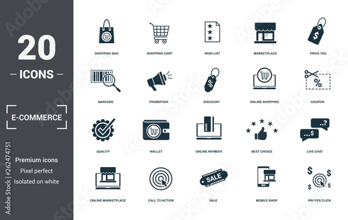 E-Commerce set icons collection. Includes simple elements such as Shopping Bag, Shopping Cart, Wish List, Marketplace, Price Tag, Wallet and Online Payment premium icons