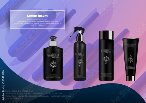 Set of realistic package cosmetic product:  tube cream, bottle with pump dispenser or spray, shampoo,  gel shower and liquid soap. Vector mockup of Isolated on abstract background. 