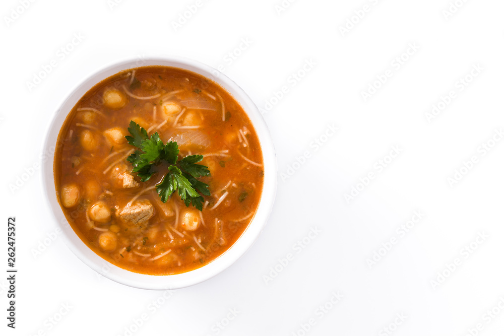 Harira soup in bowl isolated on white background. Typical Moroccan food. Ramadán concept. Top view. Copyspace Harira soup in bowl isolated on white background. Typical Moroccan food. Ramadán concept. Top view. Copyspace