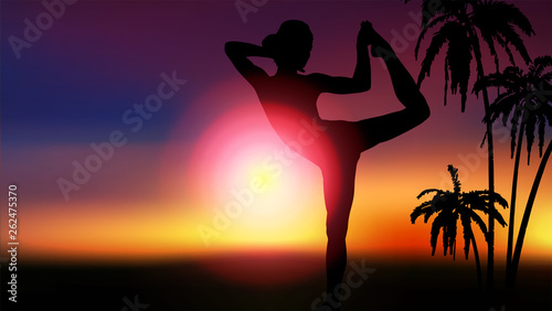 Girl makes yoga exercise on the tropical pam beach. Vector image.