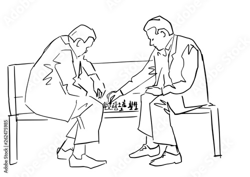Two people playing chess on the bench. Black contour. Line drawing. Intellectual hobby. Leisure activity. Vector silhouette illustration. Isolated outline.