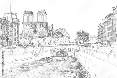 Photography Illustration, in sketch style, of Notre Dame de Paris and a boat on Seine river