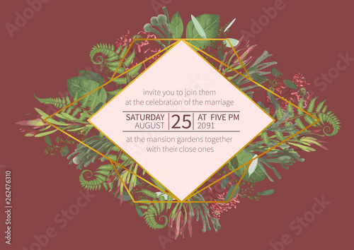 Plants, leaves, branches, brunia, blooming eucalyptus, leucadendron, gaultheria, salal, jatropha vector design gold frame.Wedding, flower card.Geometric horizontal.Editable