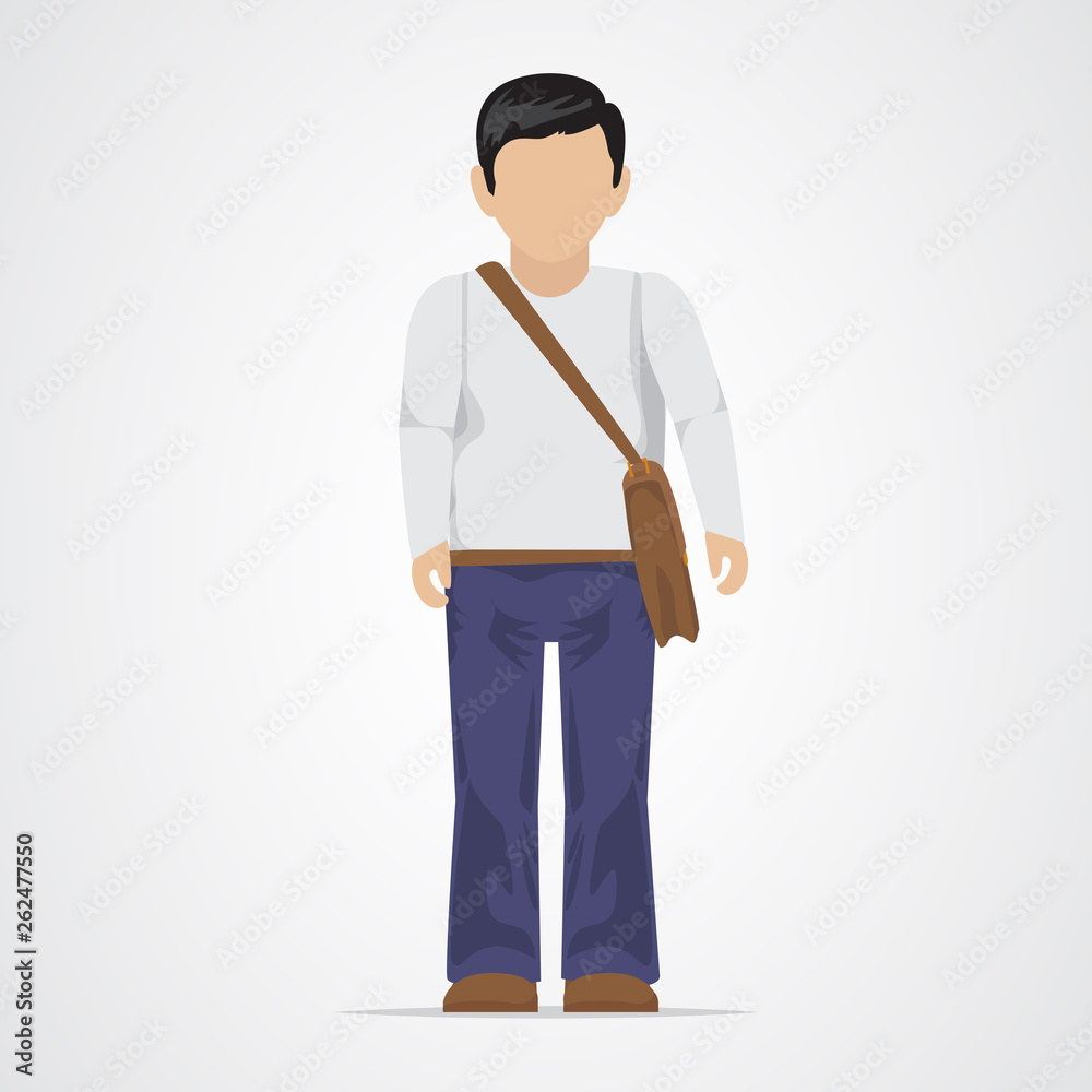 College Student Vector Illustration. Full Length Man College Student - Isolated On Gray Background - Vector. University People. Flat Design Of Young Man. People With Characters