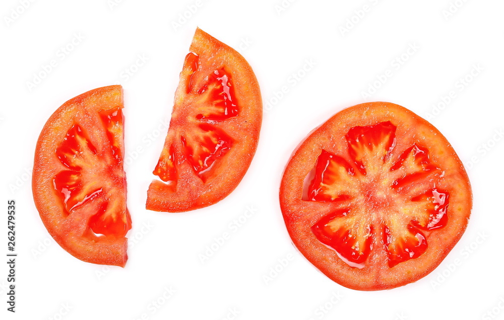 Fresh ripe, red tomato slices isolated on white background, top view Fresh ripe, red tomato slices isolated on white background, top view