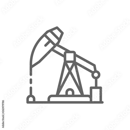 Oil rig, petrol station, pump jack line icon.