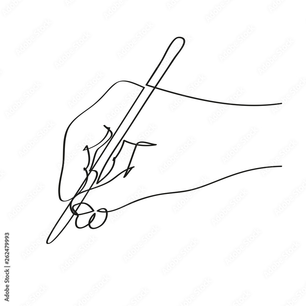 Dłoń trzymająca pióro. Rysunek jedną linią wektor - obrazy, fototapety, plakaty 