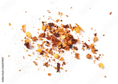 Crushed cayenne pepper and flakes pile isolated on white background