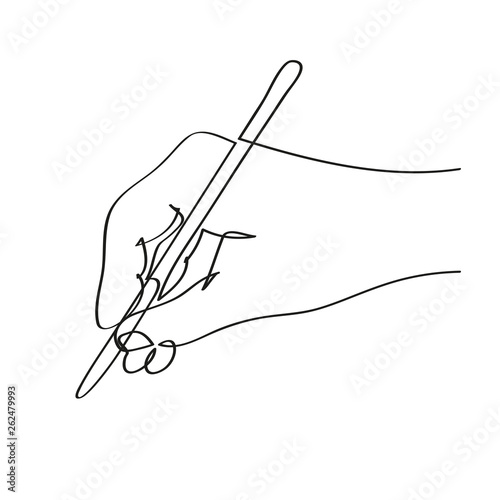 Dłoń trzymająca pióro. Rysunek jedną linią wektor