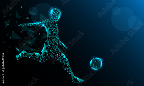 Football player from lines and triangles, point connecting network on blue background. Copy space