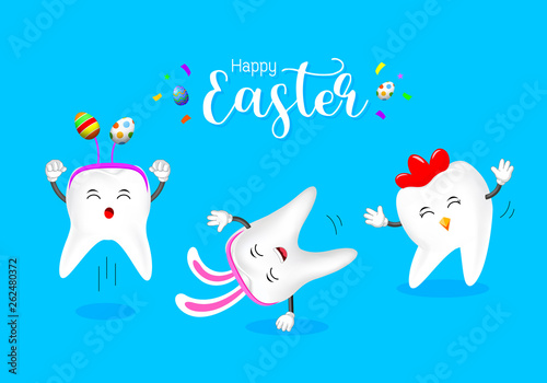 Cute cartoon hen tooth, rabbit and Egg tooth. Cartoon character design. Happy Easter day concept. illustration isolated on blue background.