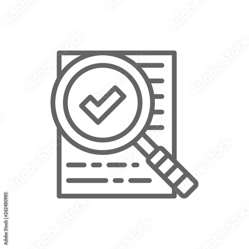 Magnify glass with contract, approved loan, checklist line icon.