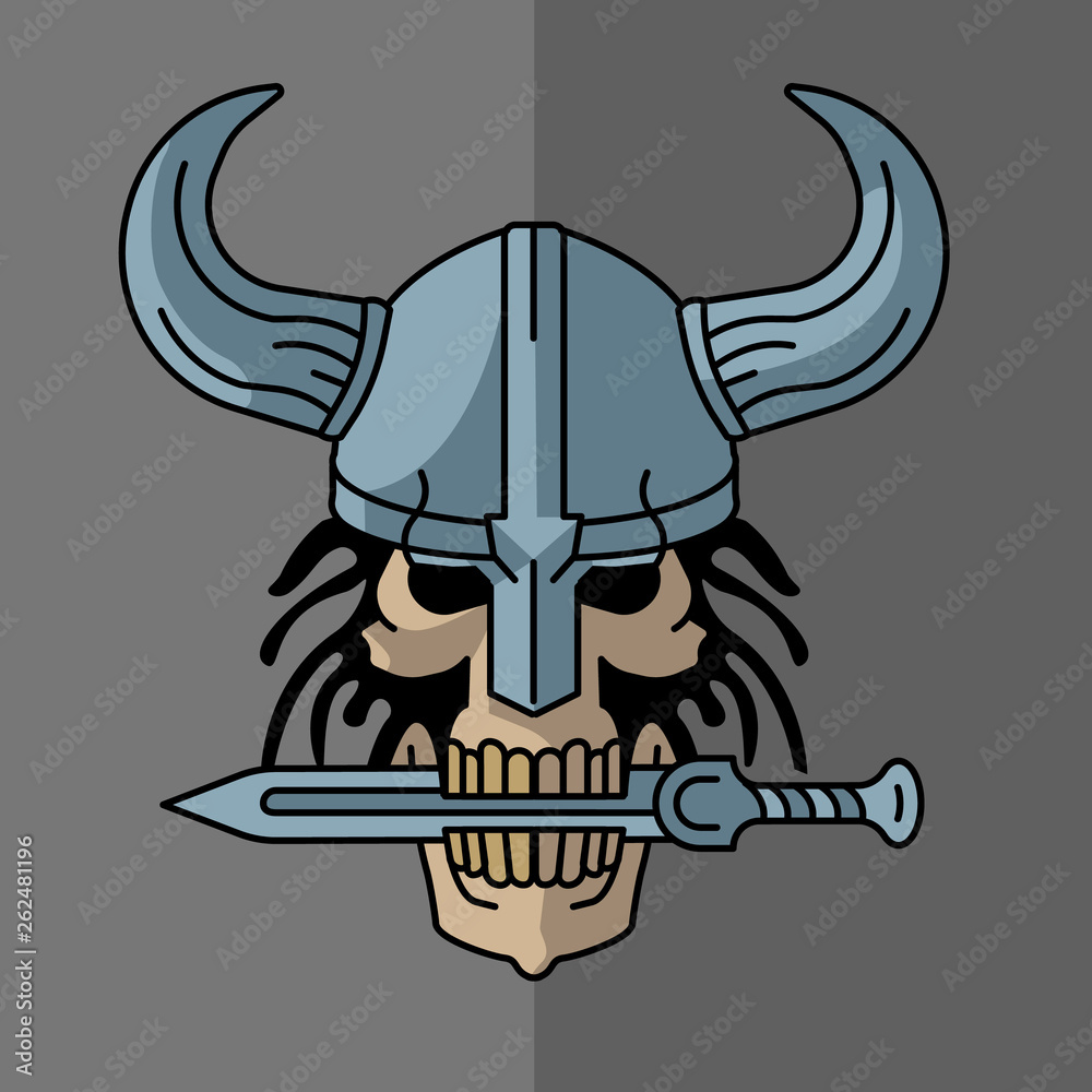 Viking horned helmet teeth sword 