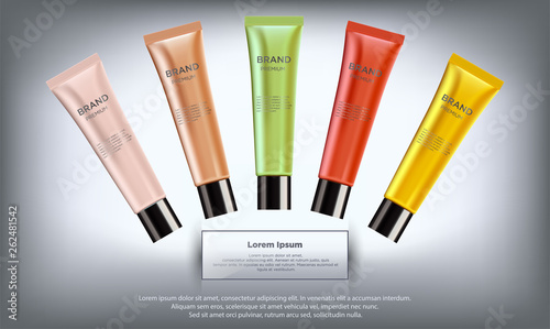Realistic luxury set glamorous cosmetic creme bottle poster  in gold pink, green, yellow, red, orange pearly color isolated on gradient background.  Ads template.