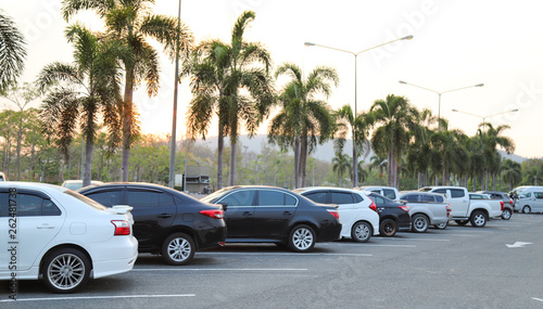 Closeup of rear, back side of white car and  other cars parking in outdoor parking lot with sunset background. 