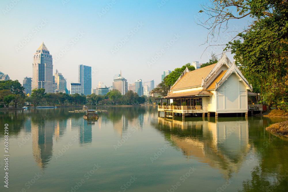 Lumphini Park in Bangkok. Bangkok skyline. View point at lake.