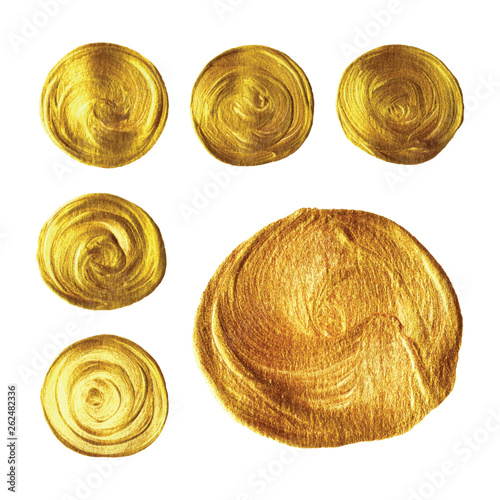 Set of gold circle patch brush stroke hand painted isolated on white background