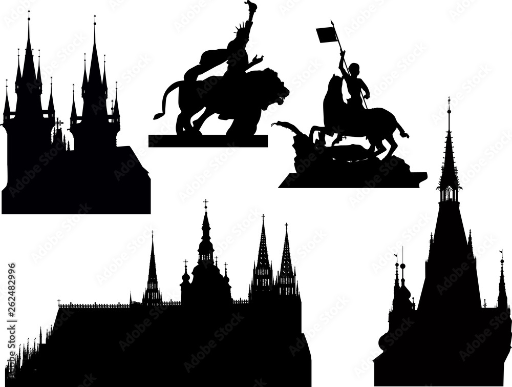 castles and statues silhouettes collection isolated on white