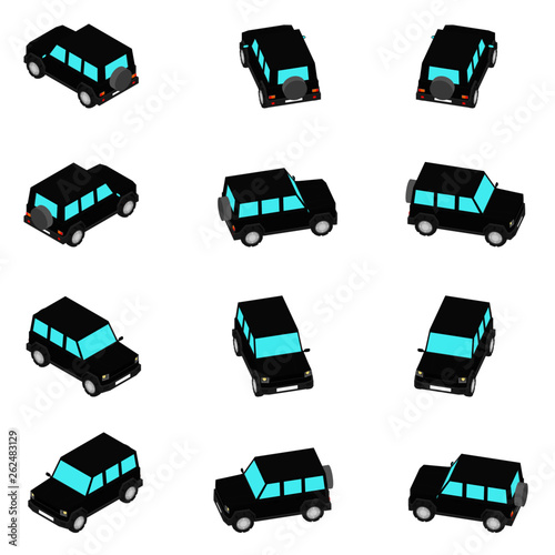 Animation of the rotation of the of an SUV in view isometric. The off-road vehicle with different viewing angles.