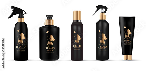  Set of realistic black package luxury cosmetic with gold logo product:  tube cream, bottle with dispenser or spray, oil, shampoo,  gel shower and liquid soap.