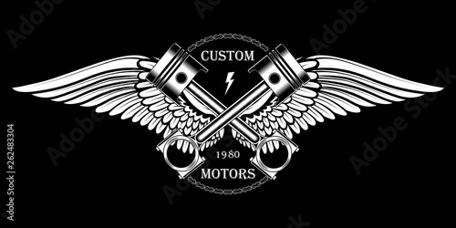 Pistons motorcycle with wings. Black and white vector image on black background.