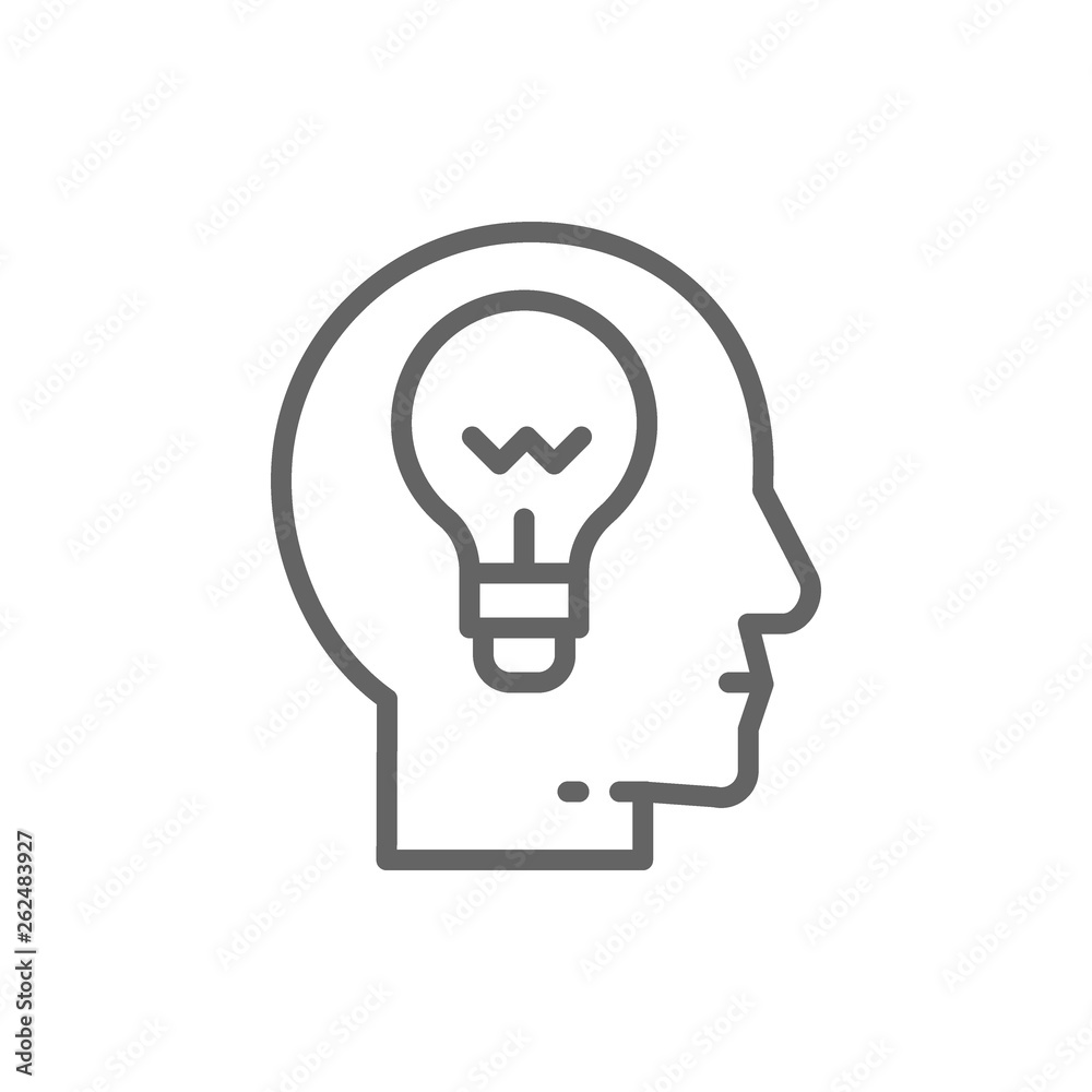 Head with lamp, idea generation, think, thought line icon. Head with lamp, idea generation, think, thought line icon.