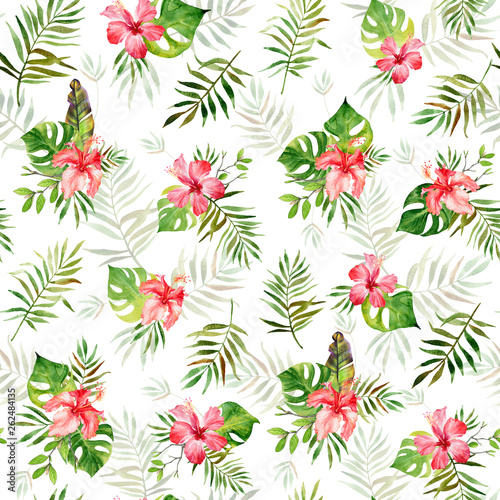 Watercolor seamless pattern with green tropical leaves of banana, monstera, palm and red hibiscus flowers. Summer background, exotic plants. Use in textiles, interior and other 