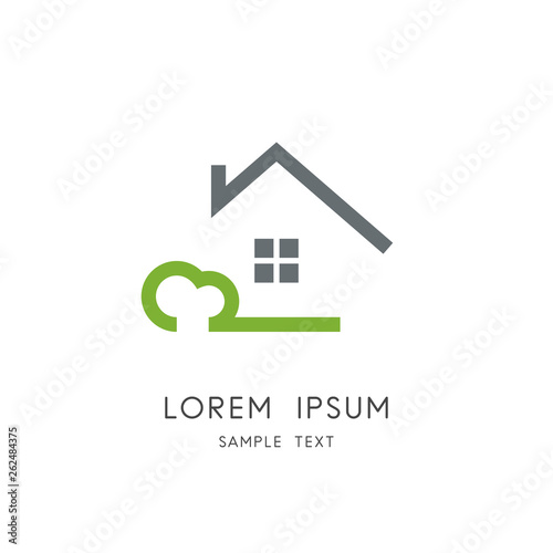 Green home symbol - grass and bush and cozy house with window and chimney on the roof. Eco and ecology, realty and real estate vector icon.