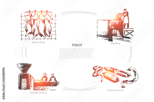 Butchery, ham cutting, kneading, sausage molding, stake making process, slaughterhouse, food shop banner