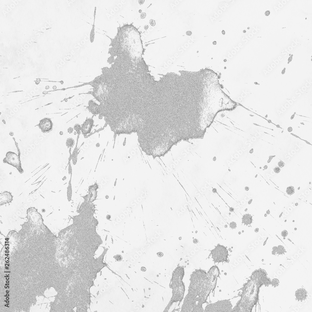 Obraz premium Silver, gray wet abstract paint leaks and splashes texture on white watercolor paper background. Natural organic shapes and design.