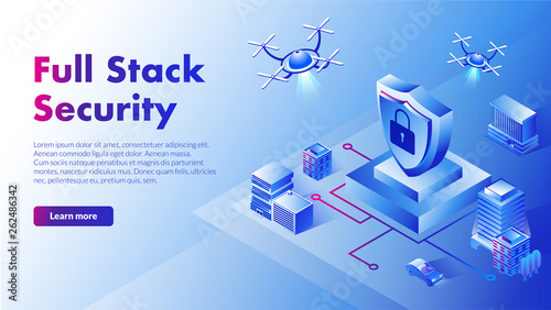 Isometric illustration full stack security with flying droids