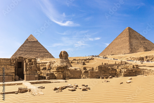 The Great Pyramids of Giza complex  the Sphinx  the Pyramid of Chephren  the temple and the Pyramid of Cheops  Egypt