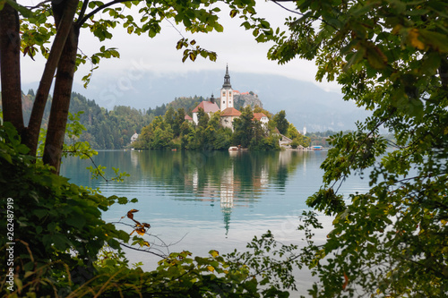 Obraz na płótnie Bled Island with pilgrimage church of the Assumption of Mary in natural frame with branches w salonie