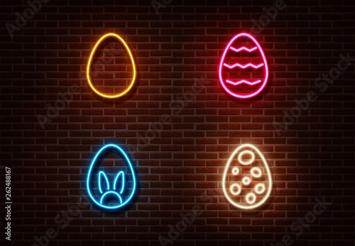 Neon color eggs sign vector isolated on brick wall. Easter light symbol, decoration effect. Neon egg