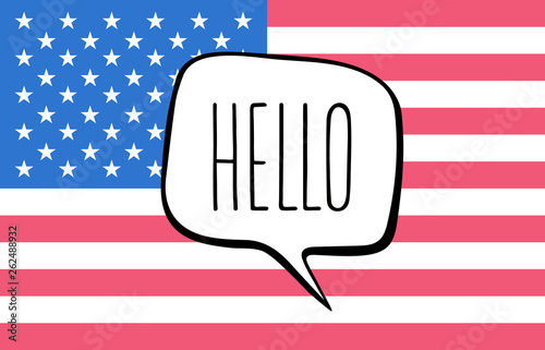 Greeting in English. Speech bubble on the background of the USA flag