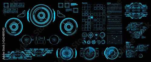 HUD elements mega set pack. Dashboard blue display virtual reality technology screen. Futuristic blue user interface.