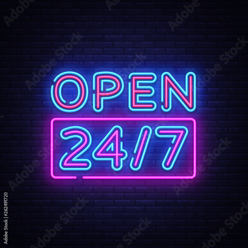24 7 Neon Sinboard Vector. Open all day neon sign, design template, modern trend design, night signboard, night bright advertising, light banner, light art. Vector illustration