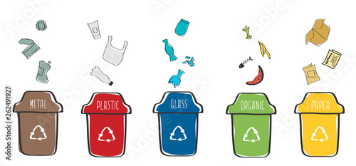 Fotografie Set of isolated trash cans with sorted garbage