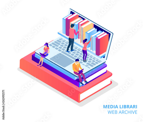 Media library, web archive. Colorful template with laptop, books and people, flat style.