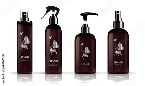 Realistic package brown bottle for cosmetic cream container. Cosmetic package. Spray bottle. Tube for ointment, lotion, balsam,  Mock up bottle. Gel, balsam, with design label. Soap pump bottle.