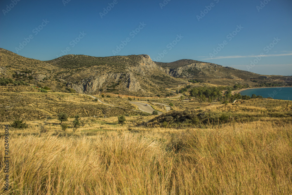Texas USA country side rural environment of outdoor scenic landscape yellow hill land and mountain background near sea waterfront district 