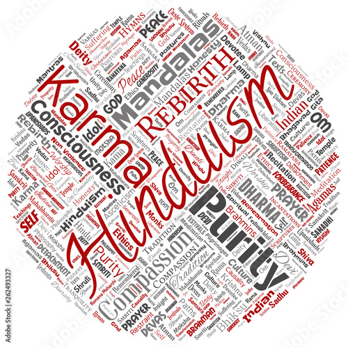 Vector conceptual hinduism, shiva, rama, yoga round circle red word cloud isolated background. Collage of mandalas, samsara, celebration, tradition, peace, compassion, rebirth, karma, dharma concept