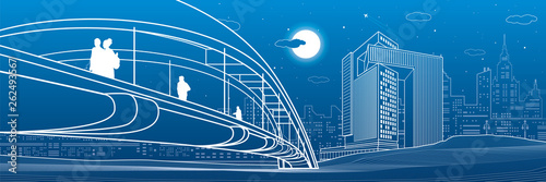 Fototapeta Ludzie chodzą na most dla pieszych. Panoramę miasta biznesu. Miasto nowoczesnej nocy. Ilustracja infrastruktury, scena miejska. Białe linie na niebieskim tle. Sztuka projektowania wektorowego