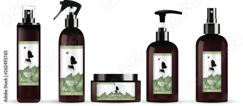 Realistic brown bottle for cosmetic cream container.  Spray bottle. Tube for ointment, lotion, balsam. Mock up bottle.  Liquid soap pump bottle. Gel, balsam, with design label.  with green leaves labe