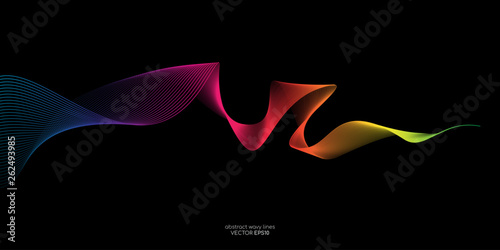 Abstract vector colorful wave line flowing isolated on black background for design elements in concept technology, music, science, A.I.