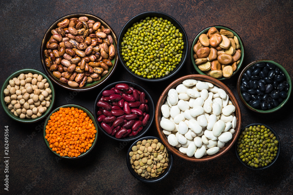 Legumes, lentils, chikpea and beans assortment.